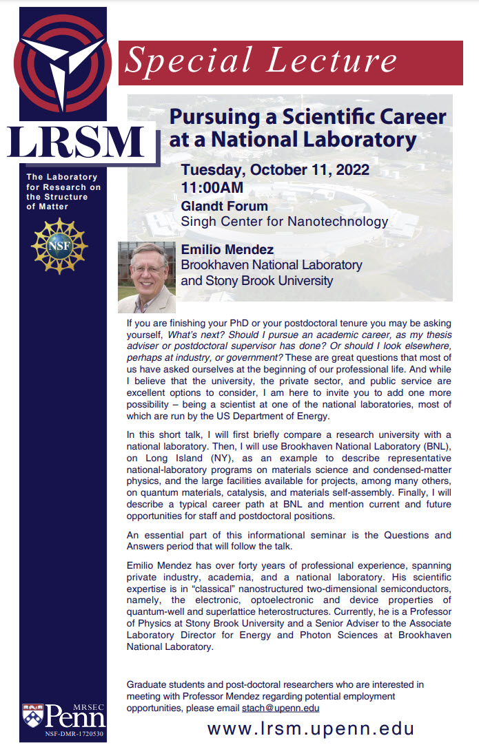 Brookhaven National Laboratory Emilio Mendez lecture at the Singh Center for Nanotechnoloy
